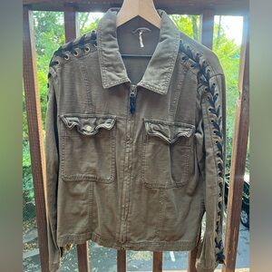 Free People Olive Jacket with Black Lace-Up Sleeves